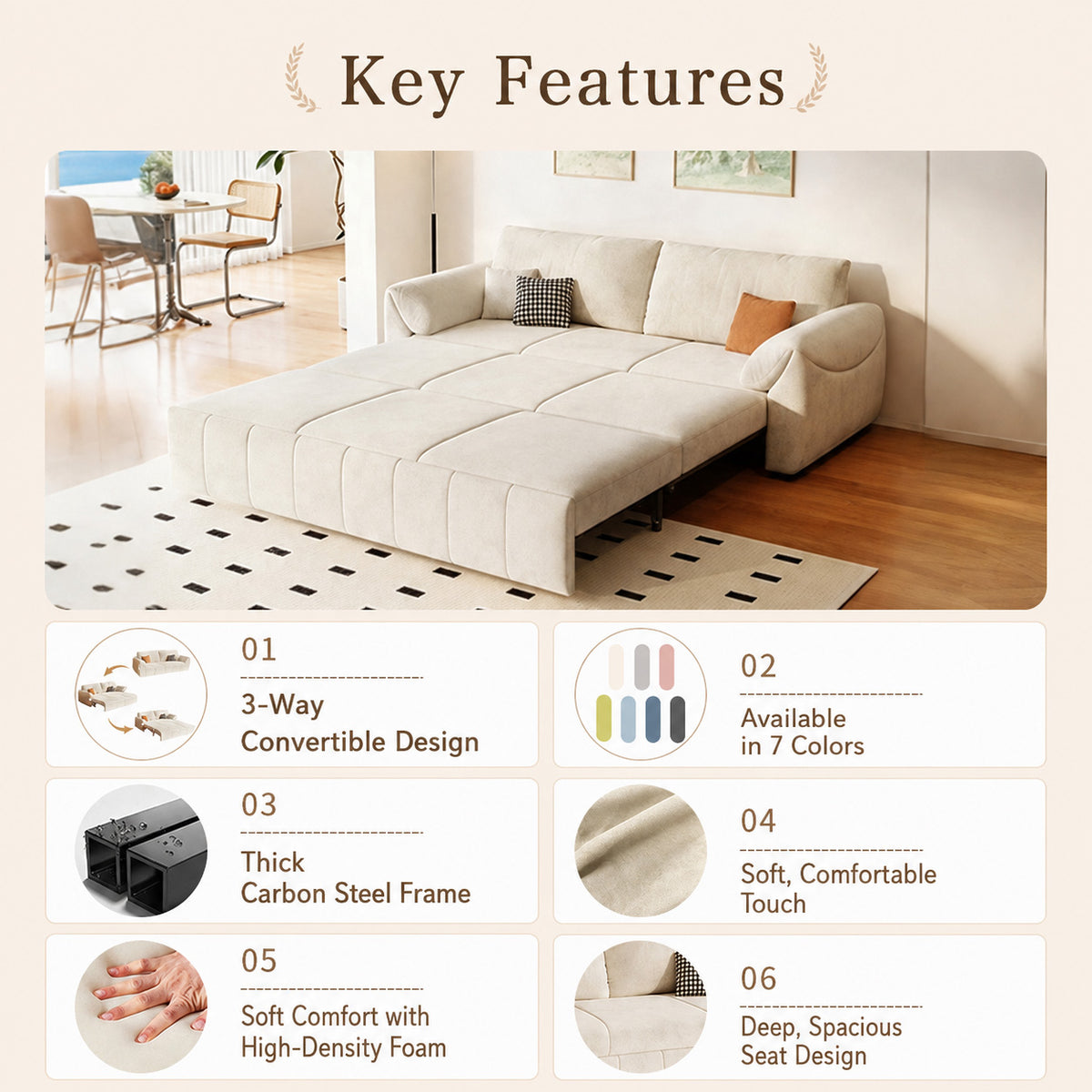 3-Way Convertible Flannel Sleeper Sofa with Deep Seat-sofabed-fbx-8639