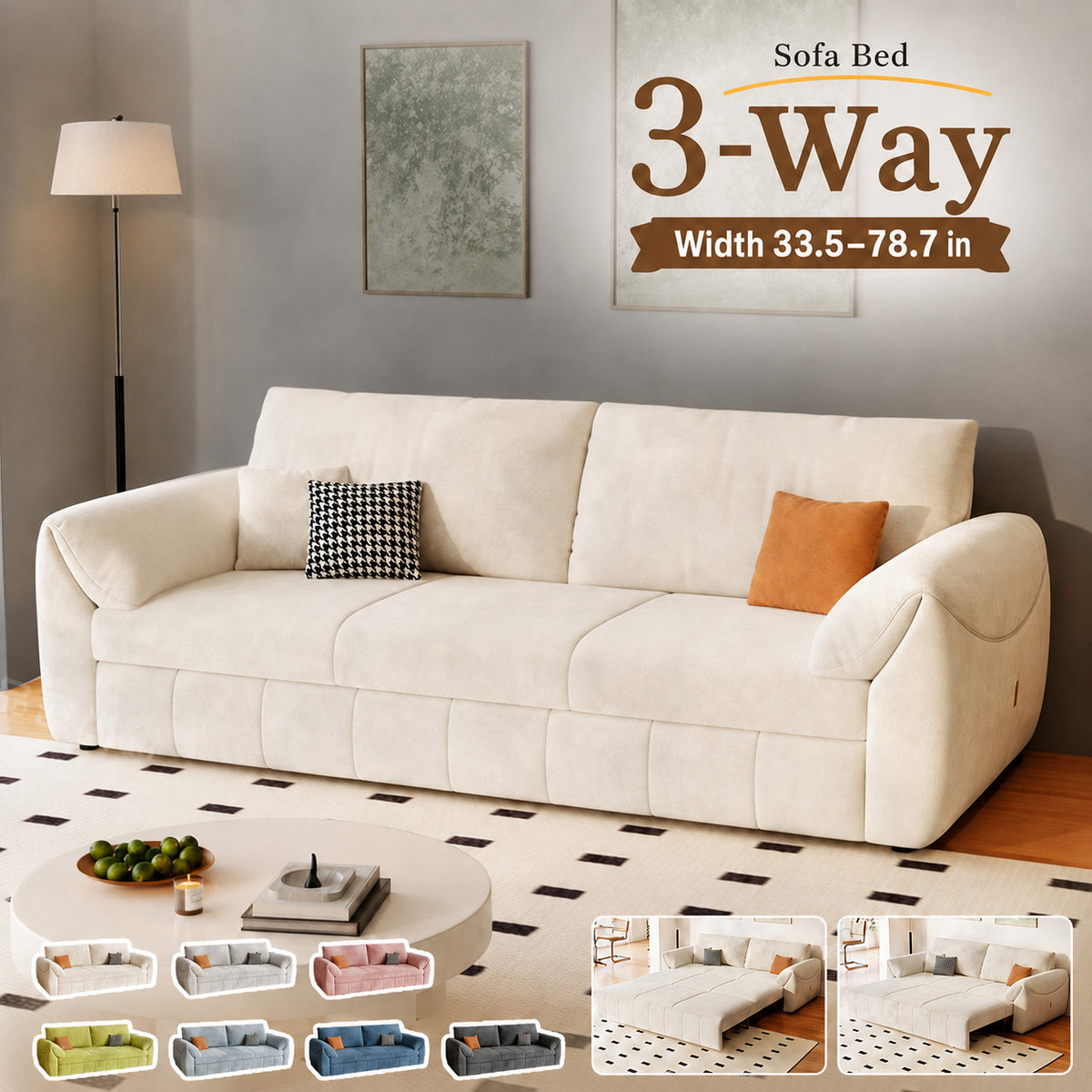 3-Way Convertible Flannel Sleeper Sofa with Deep Seat-sofabed-fbx-8639