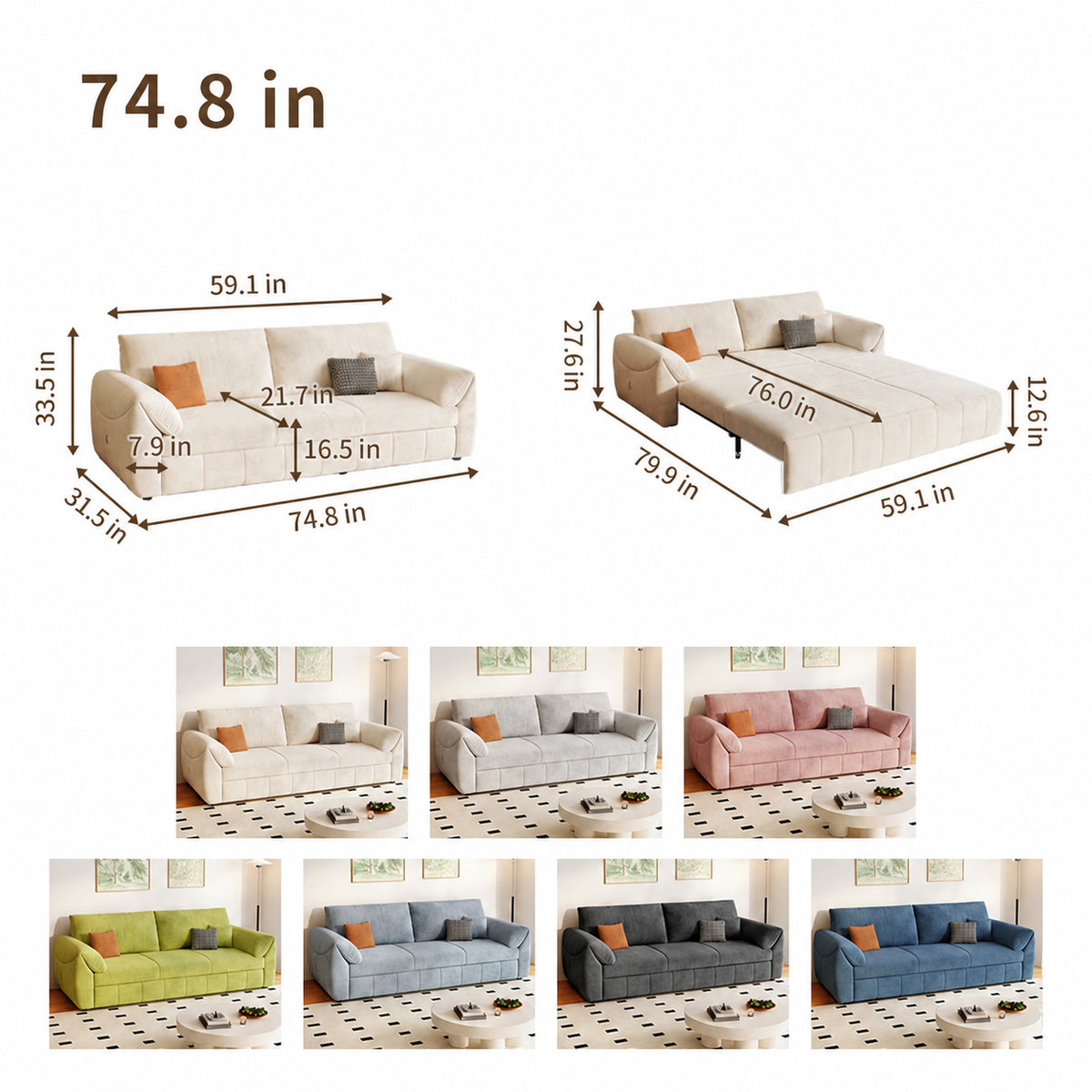 3-Way Convertible Flannel Sleeper Sofa with Deep Seat-sofabed-fbx-8639
