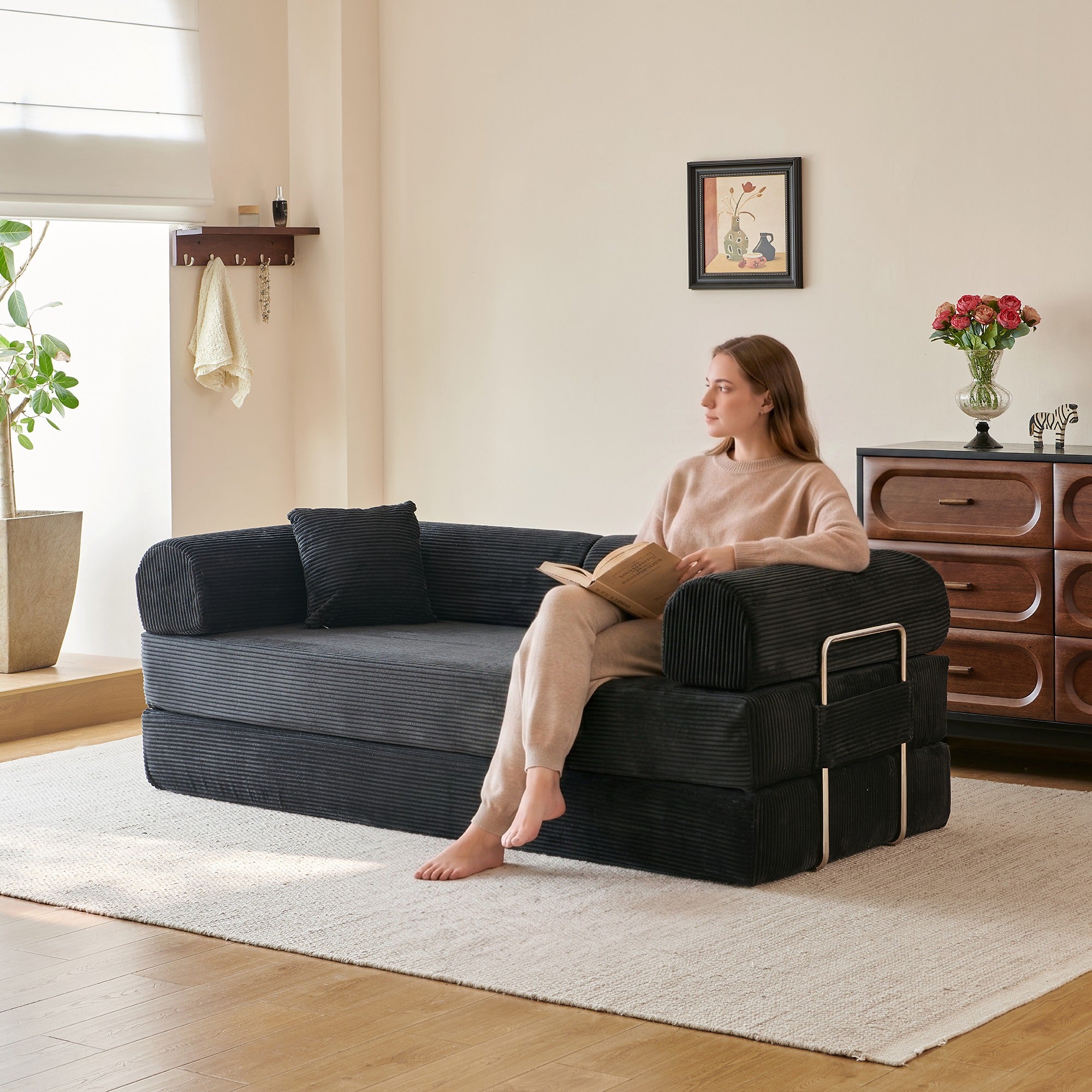 Black corduroy convertible floor sofa bed - main 1