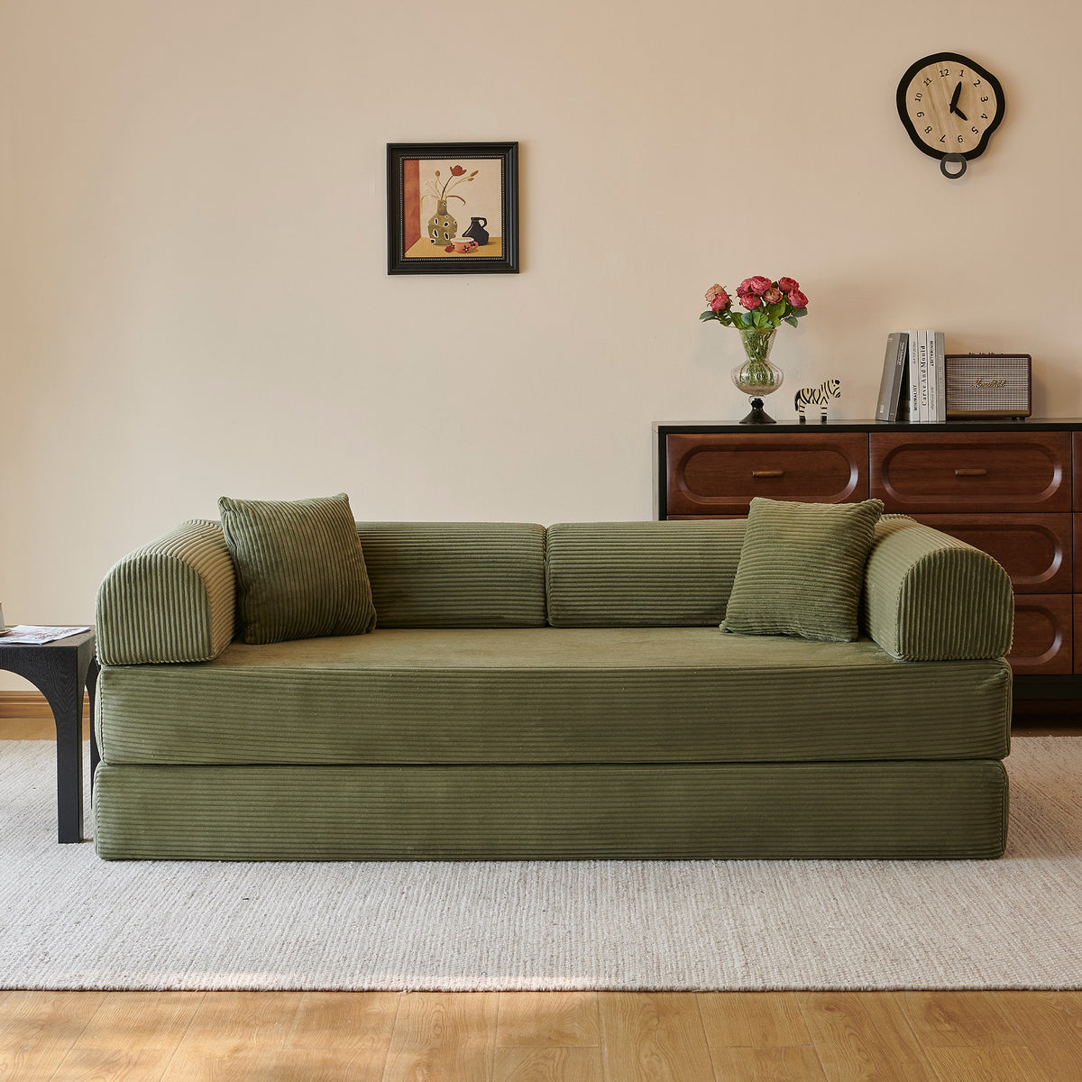 Green corduroy convertible floor sofa bed - detail 2
