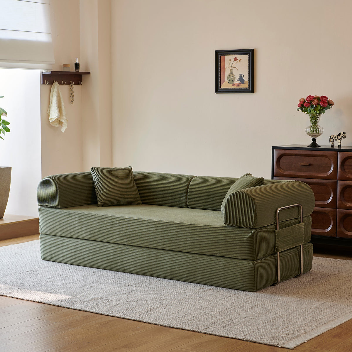 Green corduroy convertible floor sofa bed - detail 3