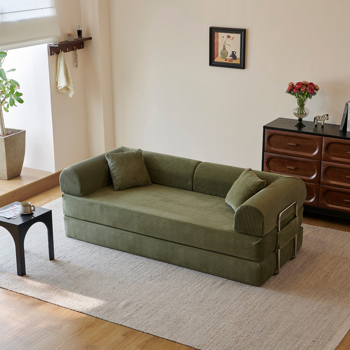 Green corduroy convertible floor sofa bed - detail 4