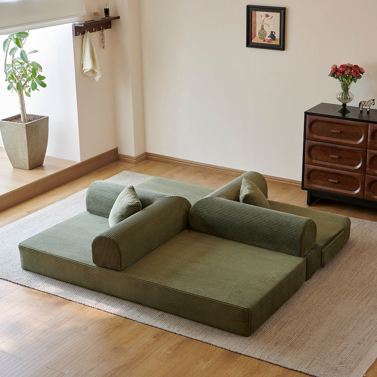 Green corduroy convertible floor sofa bed - detail 5