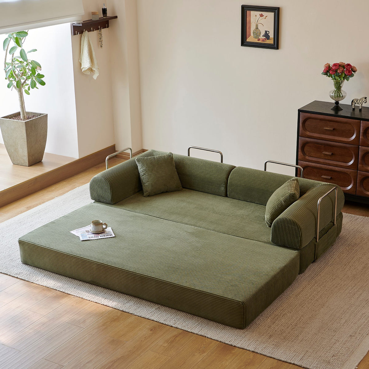 Green corduroy convertible floor sofa bed - detail 7