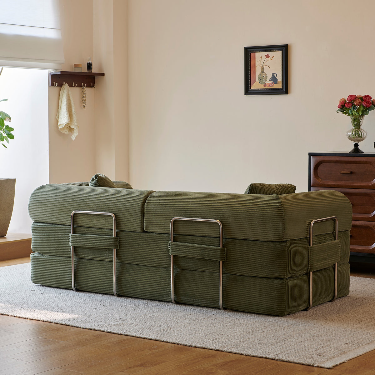 Green corduroy convertible floor sofa bed - detail 9