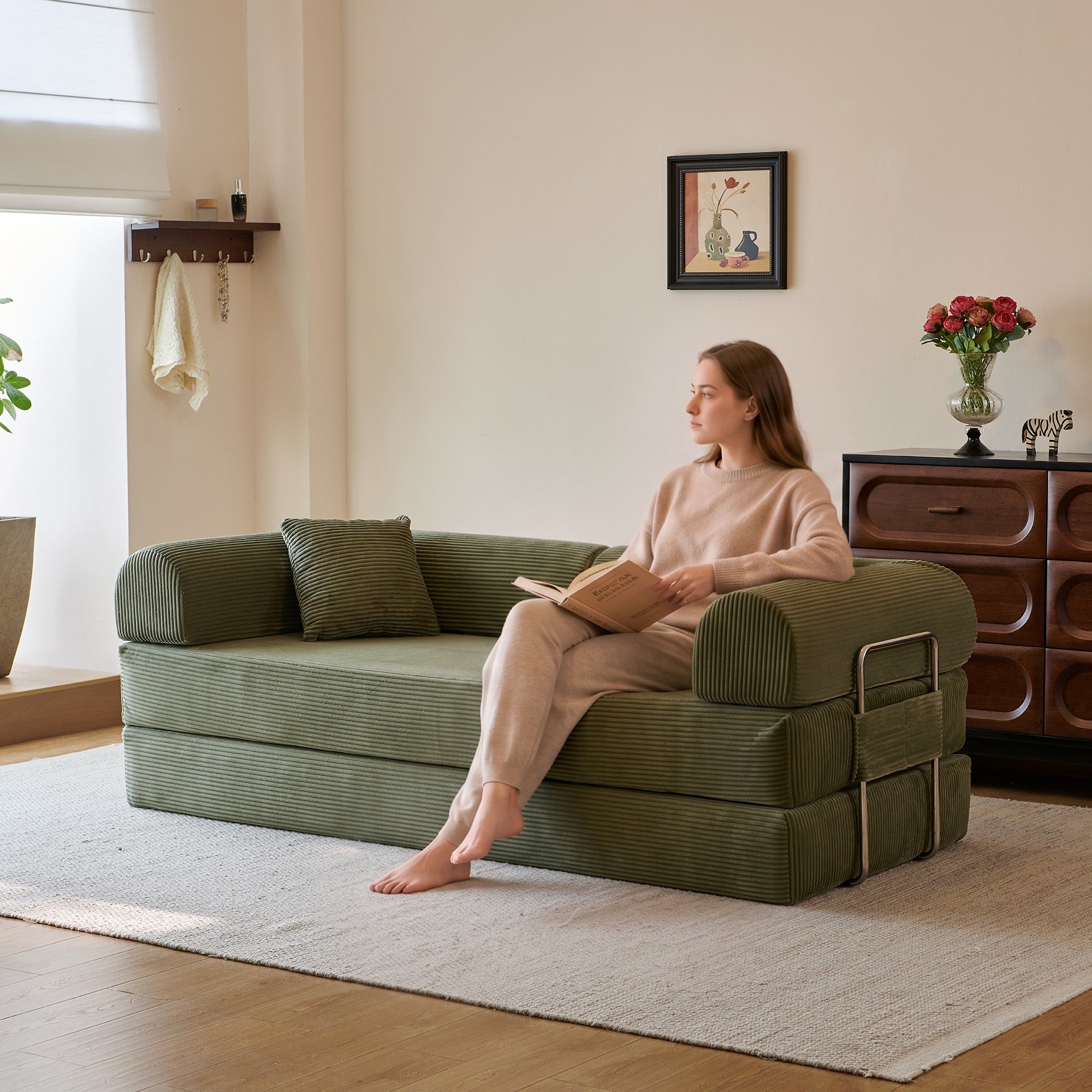 Green corduroy convertible floor sofa bed - main 1