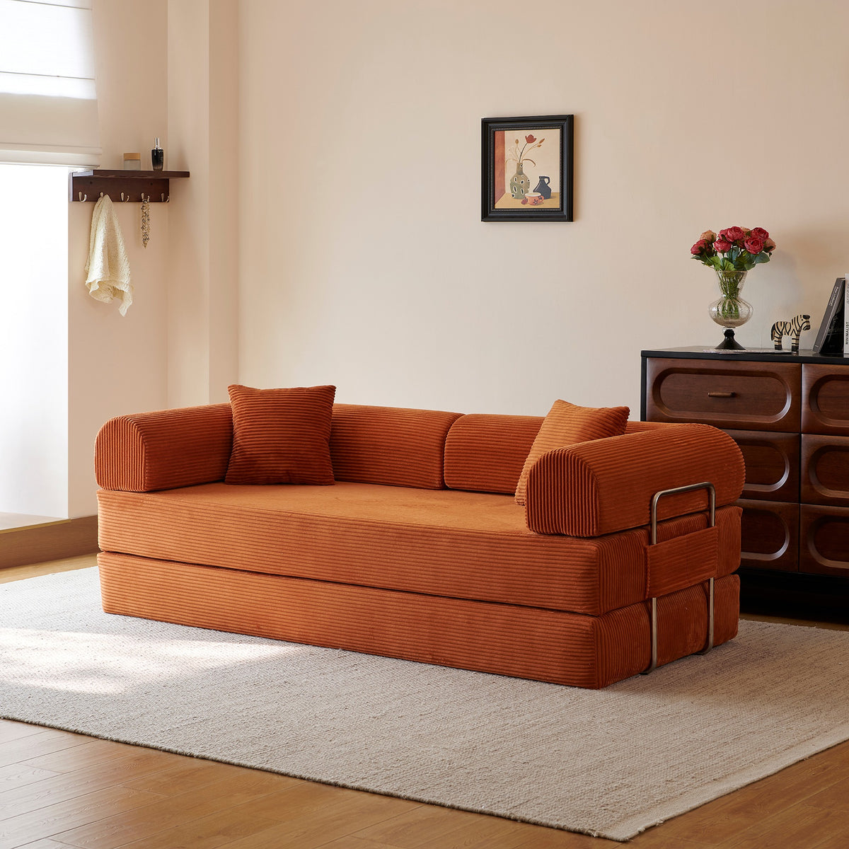 Tangerine corduroy convertible floor sofa bed - detail 3