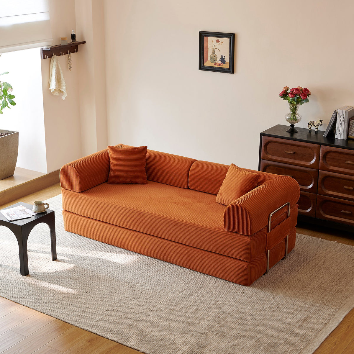 Tangerine corduroy convertible floor sofa bed - detail 4