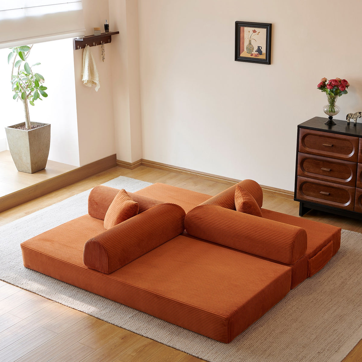 Tangerine corduroy convertible floor sofa bed - detail 5