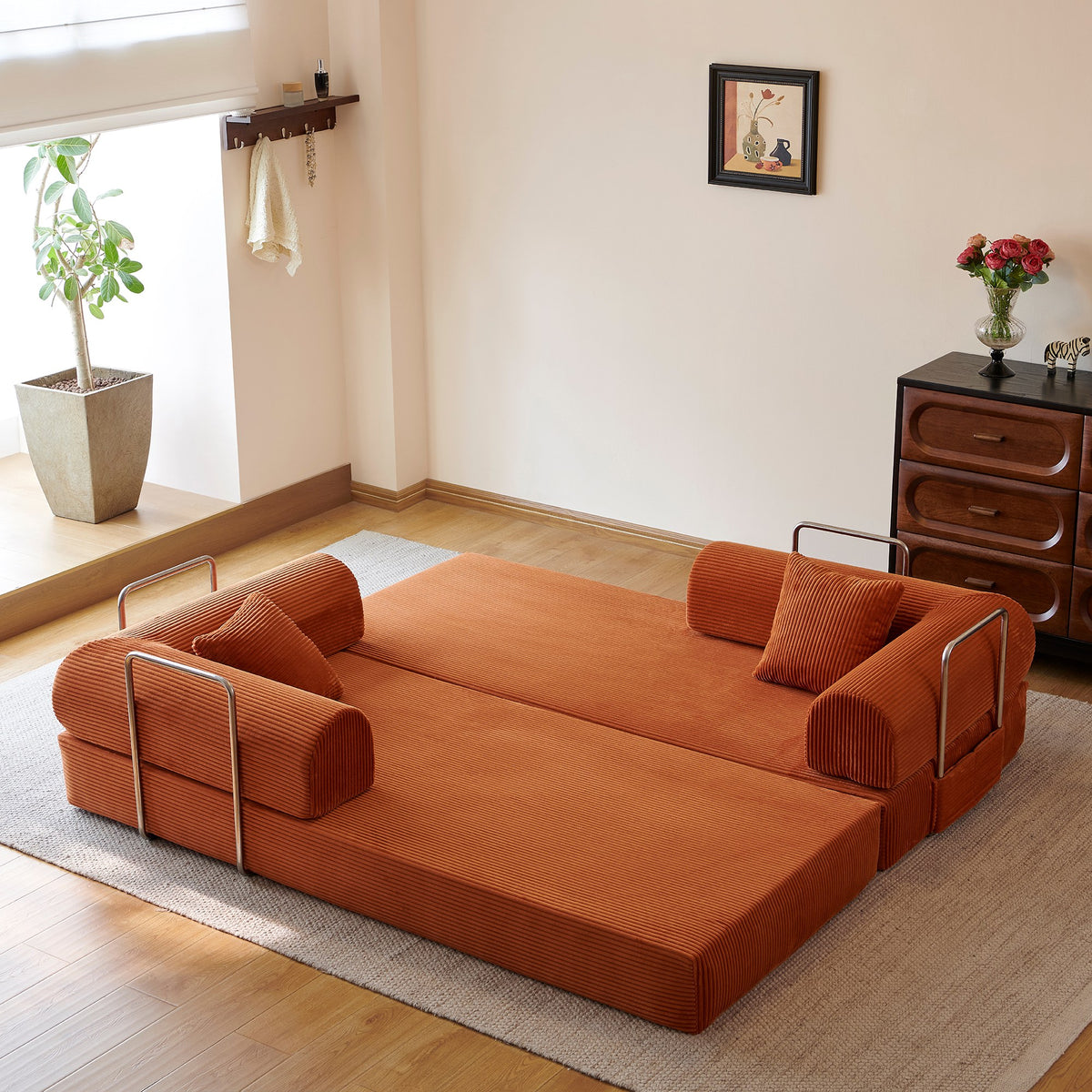 Tangerine corduroy convertible floor sofa bed - detail 6