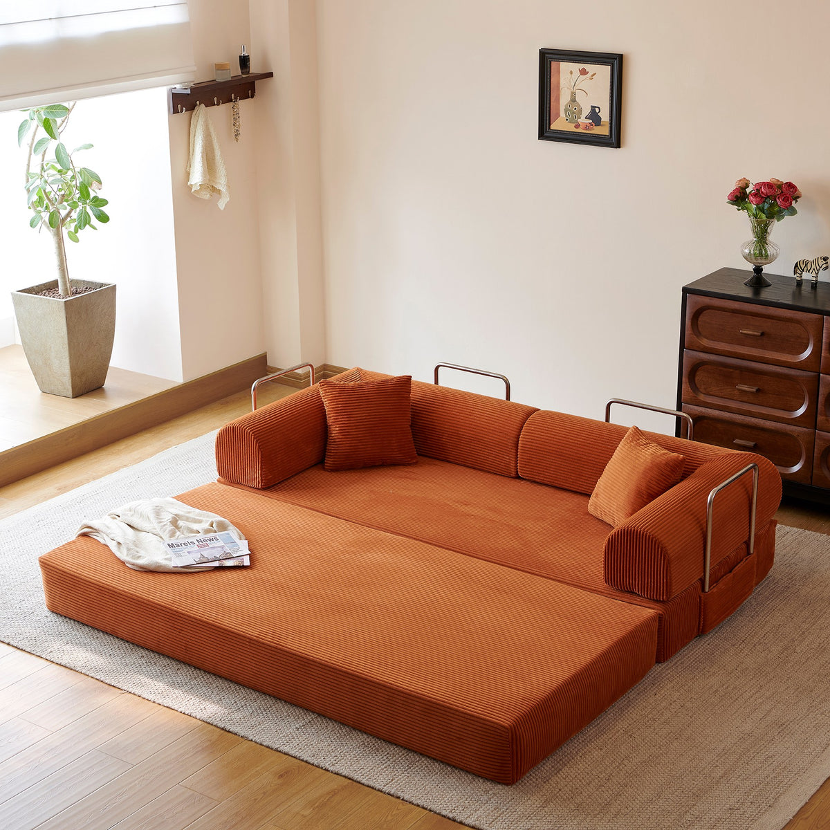 Tangerine corduroy convertible floor sofa bed - detail 7