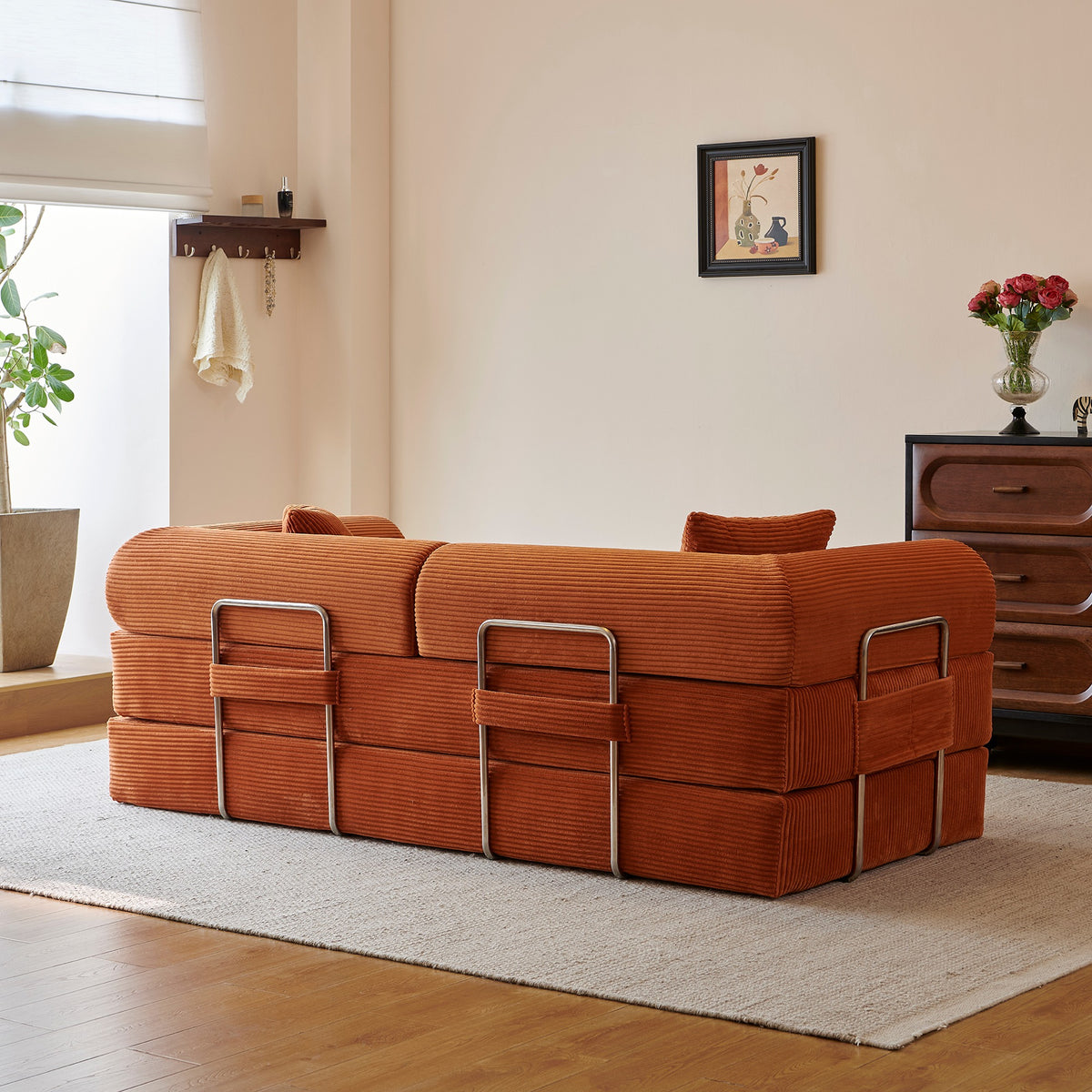 Tangerine corduroy convertible floor sofa bed - detail 9